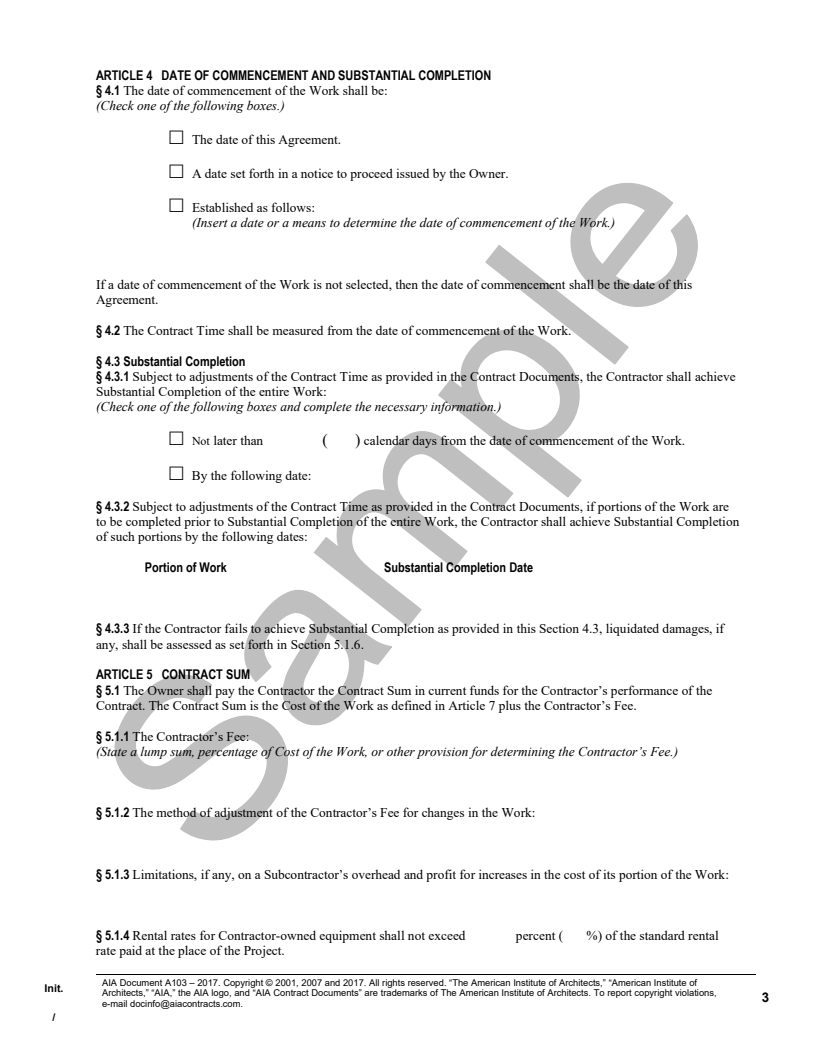 A103- 2017 Owner-Contractor Agreement