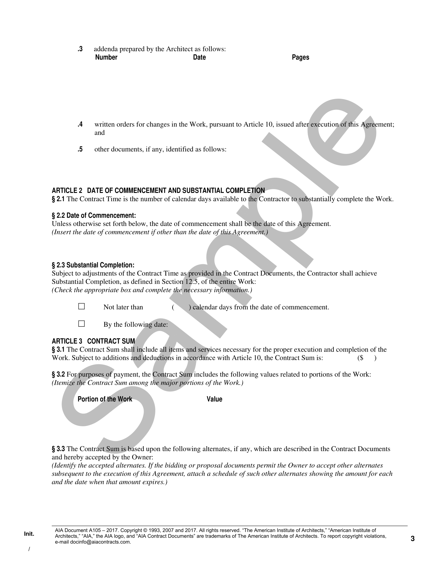 A105 2017 OwnerContractor Agreement Small Projects Edition