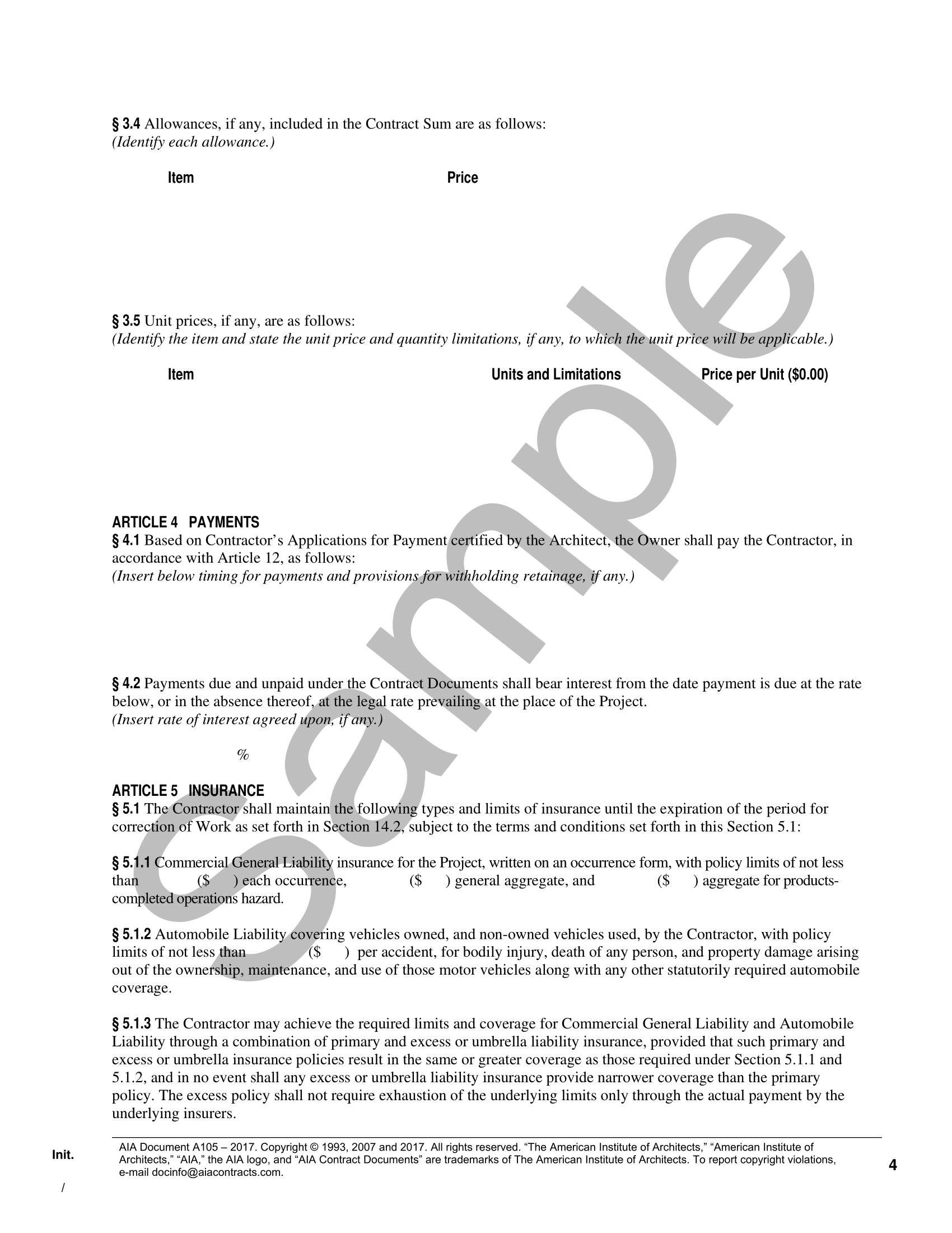 A105 2017 OwnerContractor Agreement Small Projects Edition