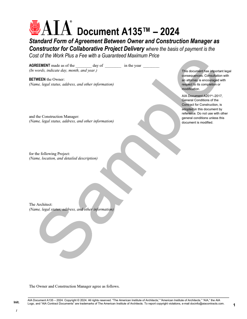 AIA Document A135™–2024 is coordinated with B135 to provide a ...