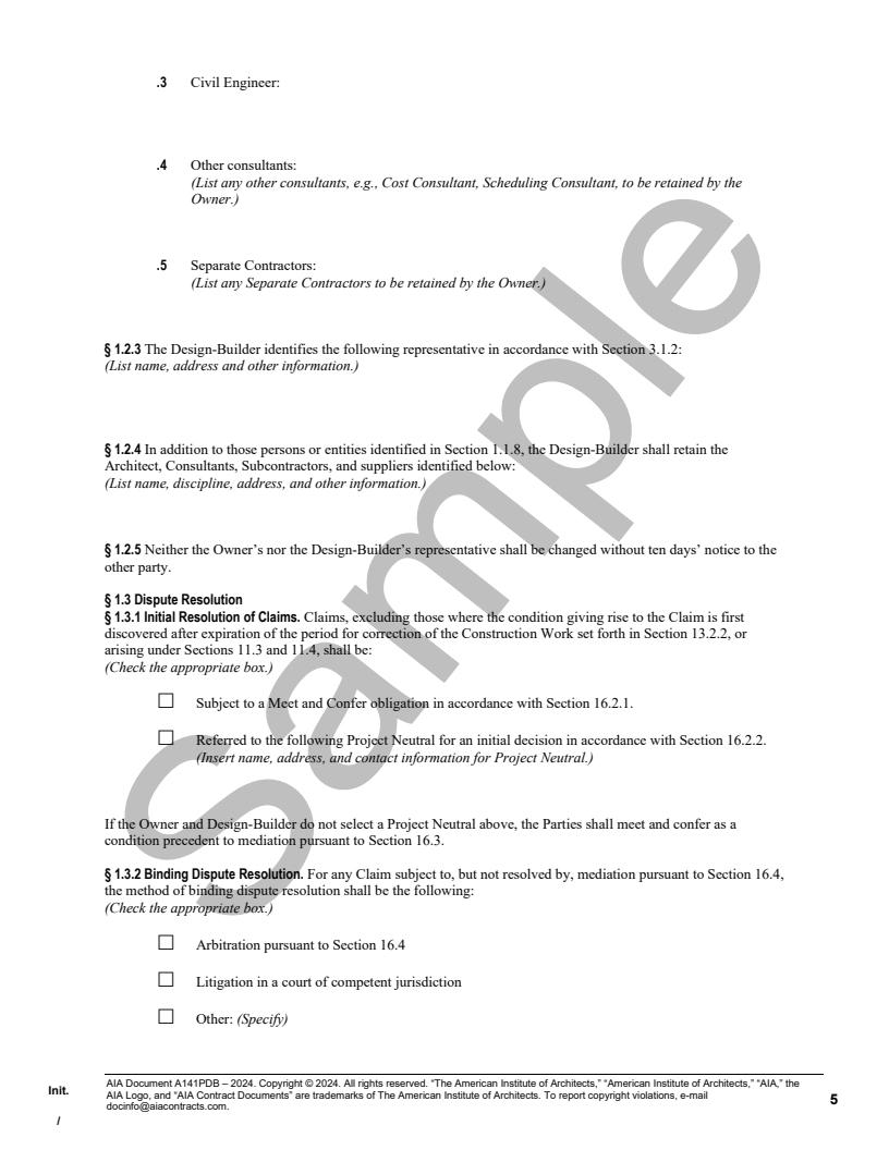 A141PDB-2024 Standard Form of Agreement Between Owner and Design ...