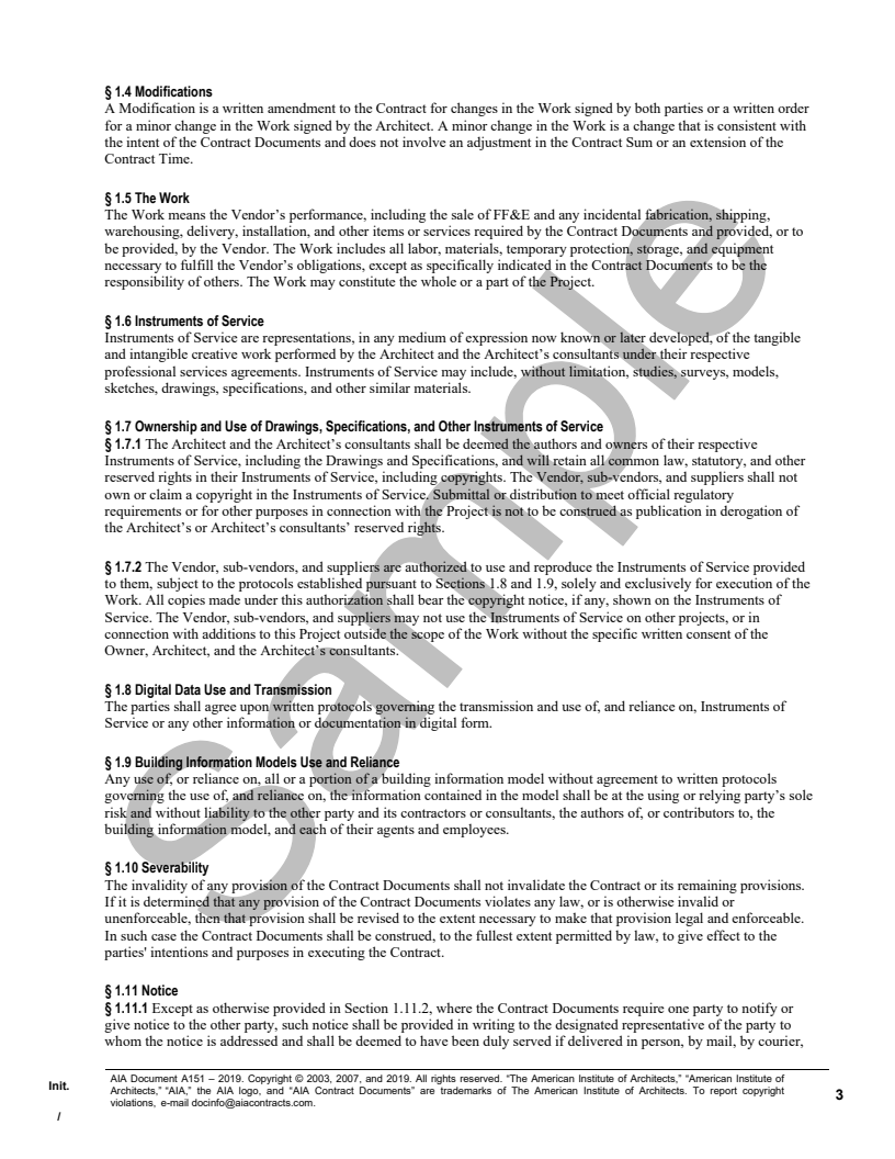Standard Form of Agreement Between Owner and Vendor for Furniture, Furnishings, and Equipment (FF&E)