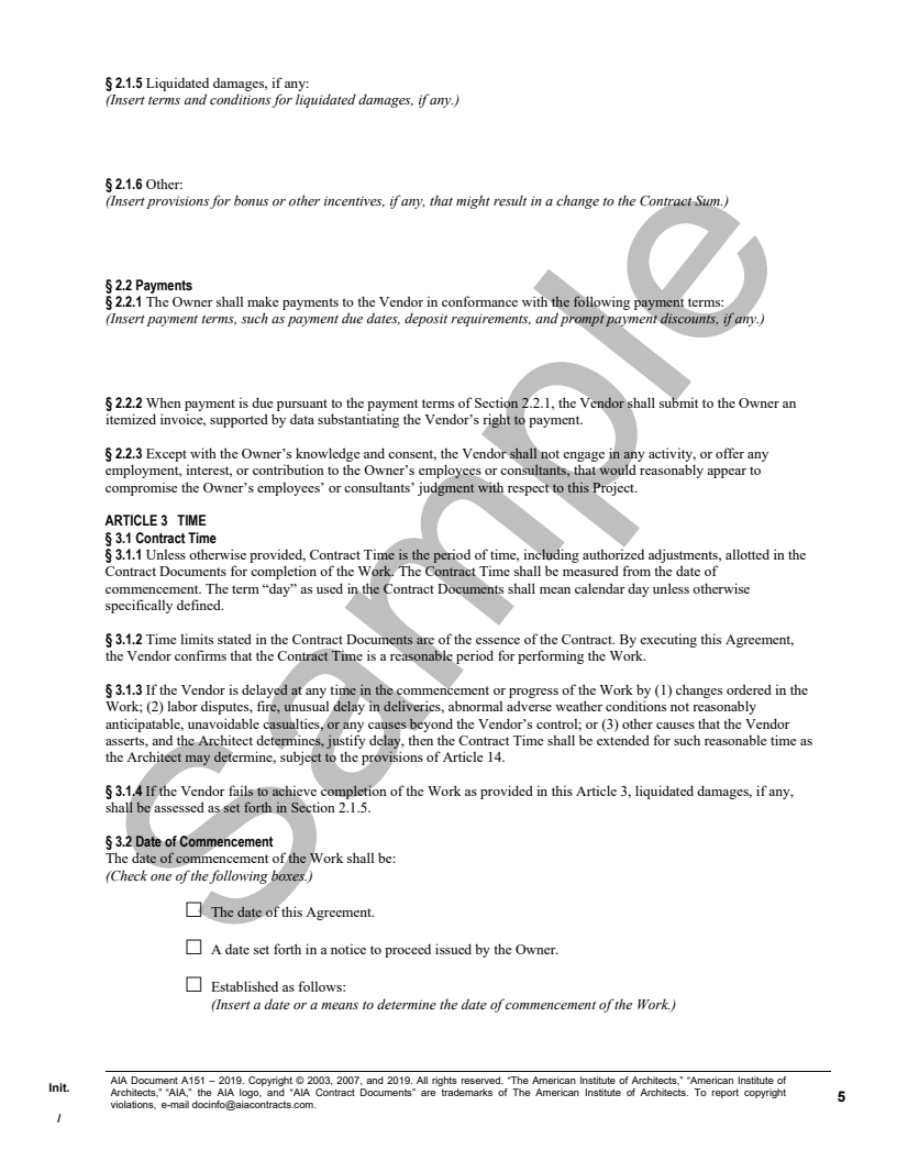 Standard Form of Agreement Between Owner and Vendor for Furniture, Furnishings, and Equipment (FF&E)