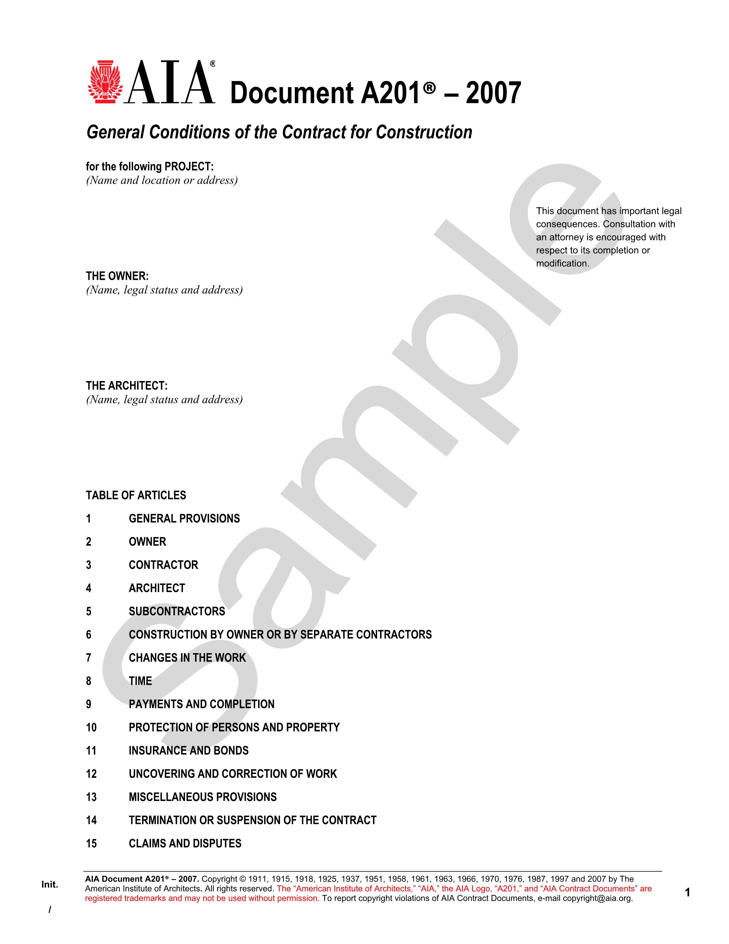 A201- 2007 General Conditions of the Contract for Construction