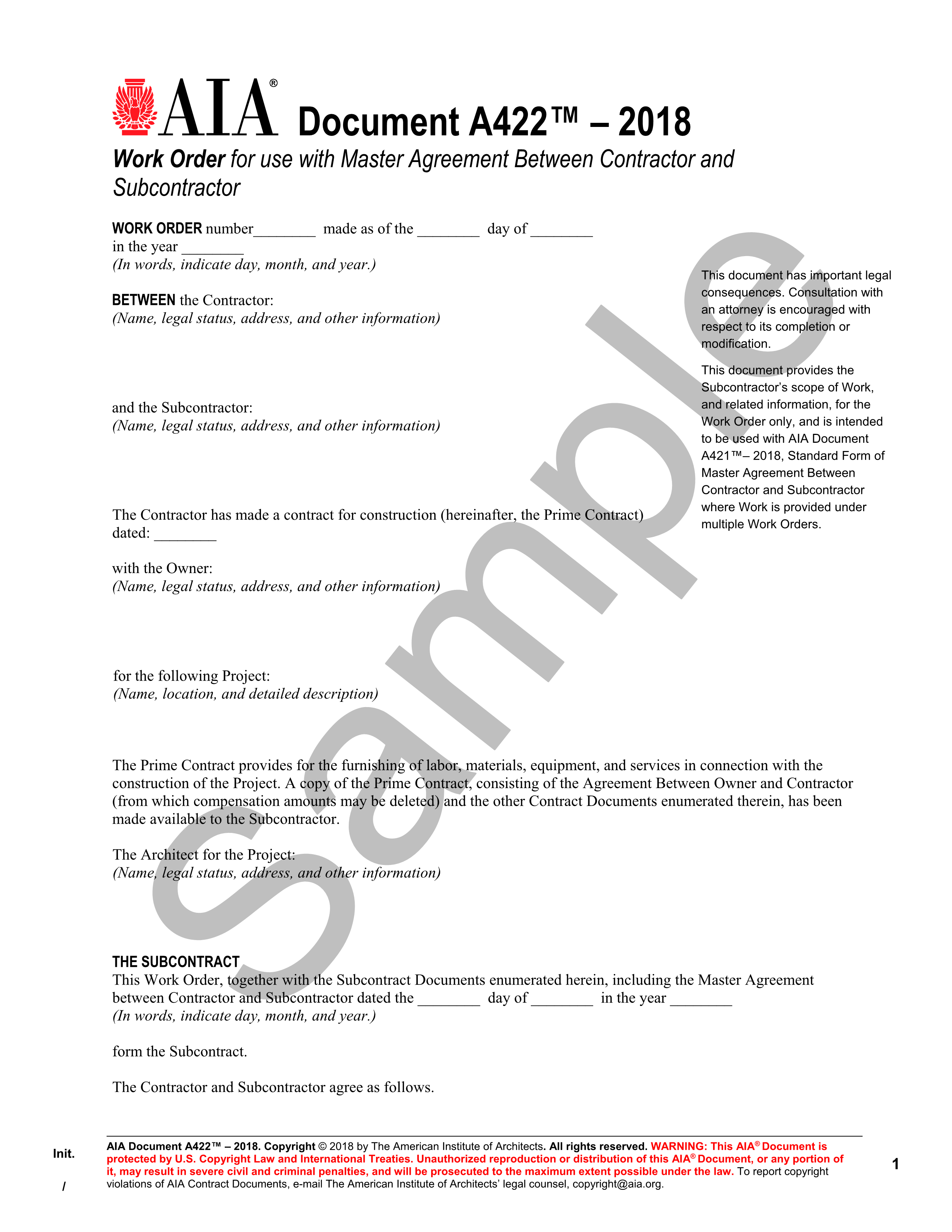A422–2018 Contractor/Subcontractor Work Order