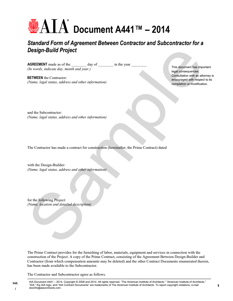 A441-2014 Contractor-Subcontractor Agreement