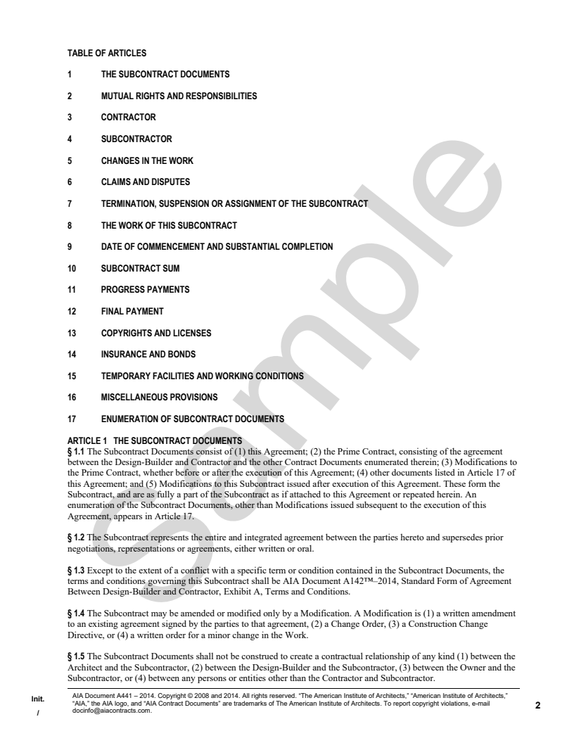 A441-2014 Contractor-Subcontractor Agreement