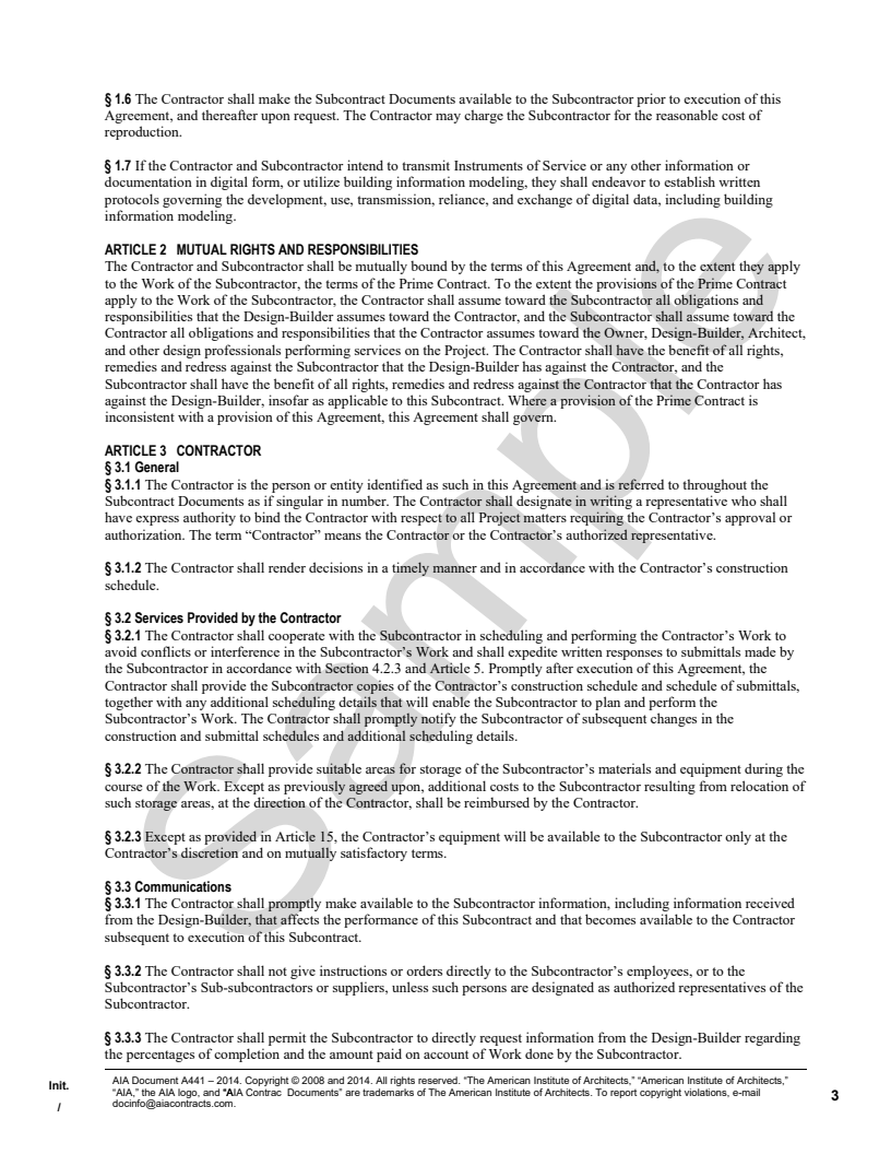 A441-2014 Contractor-Subcontractor Agreement