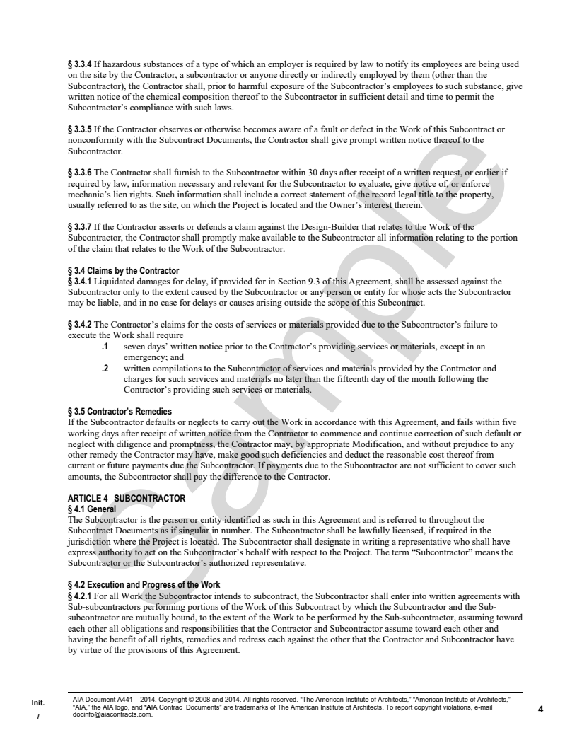 A441-2014 Contractor-Subcontractor Agreement