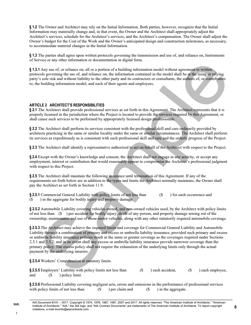 B101- 2017 Owner-Architect Agreement