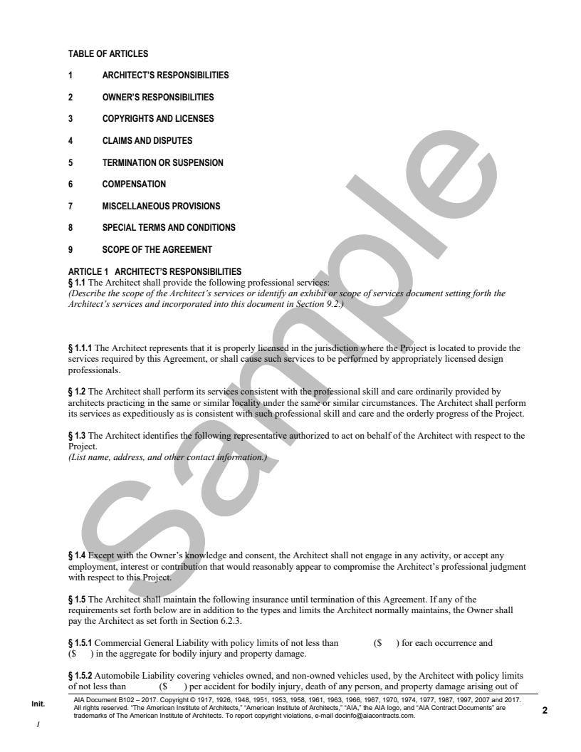 B102– 2017 Owner And Architect Agreement Without A Predefined Scope Of ...