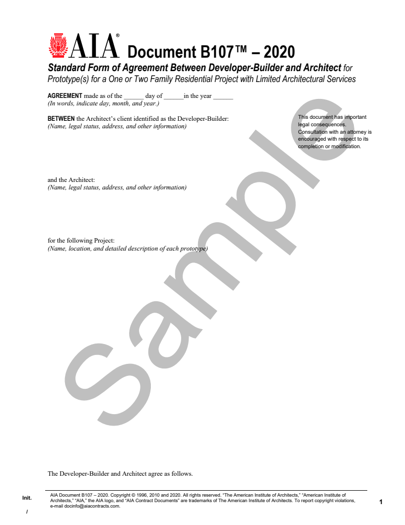 AIA B107-2020 Standard Form Of Agreement Between Developer-Builder And ...