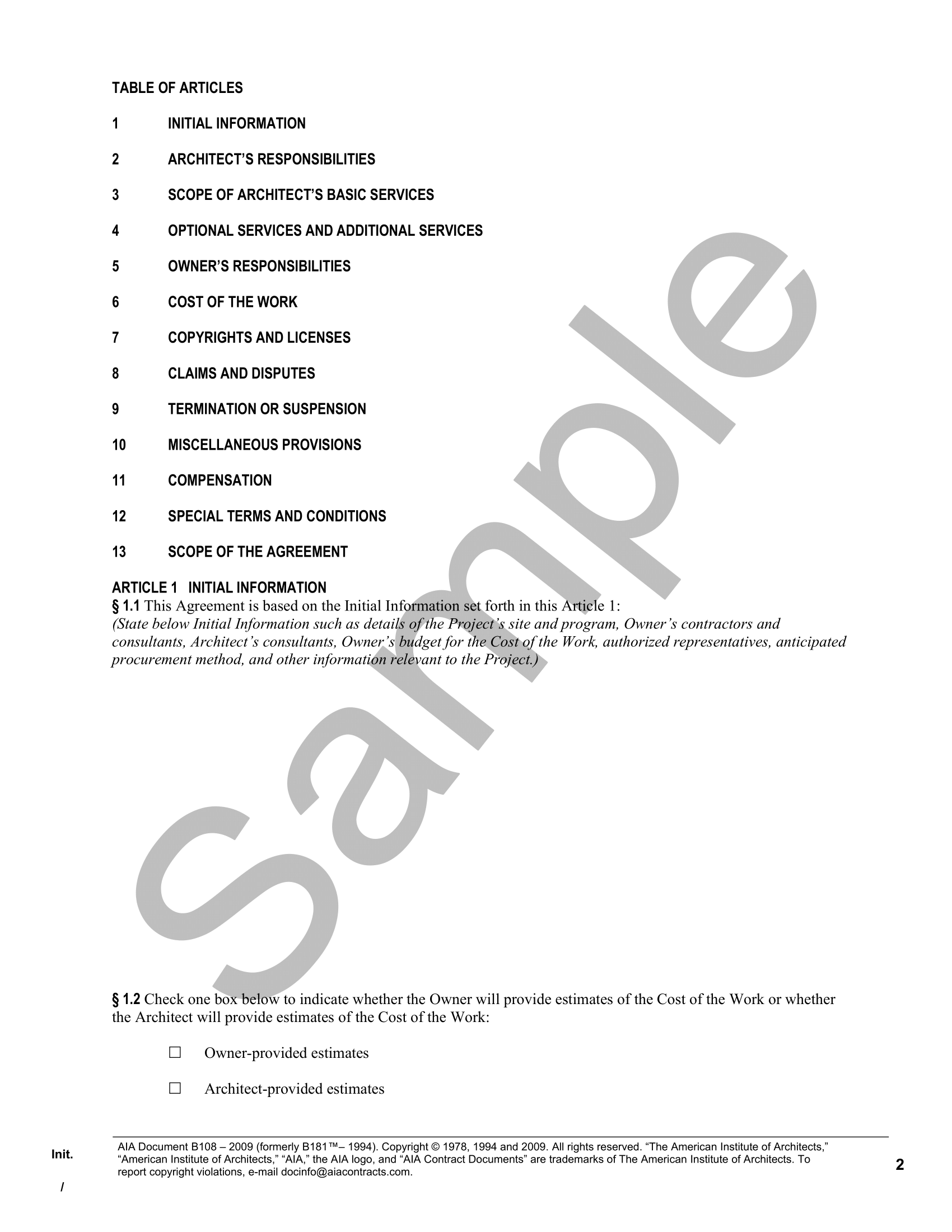 B108- 2009 Owner-Architect Agreement For A Federally Funded Or ...