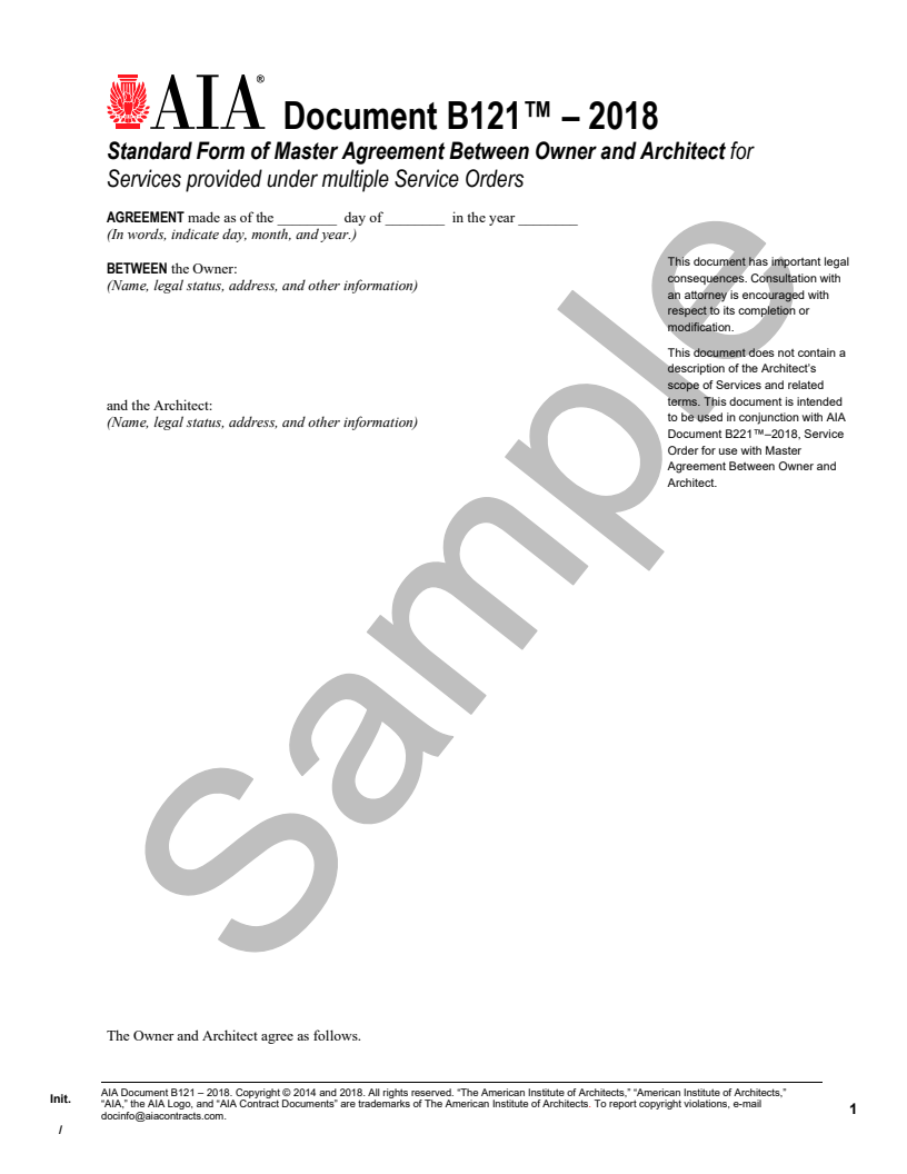 B1212018 Owner/Architect Master Agreement