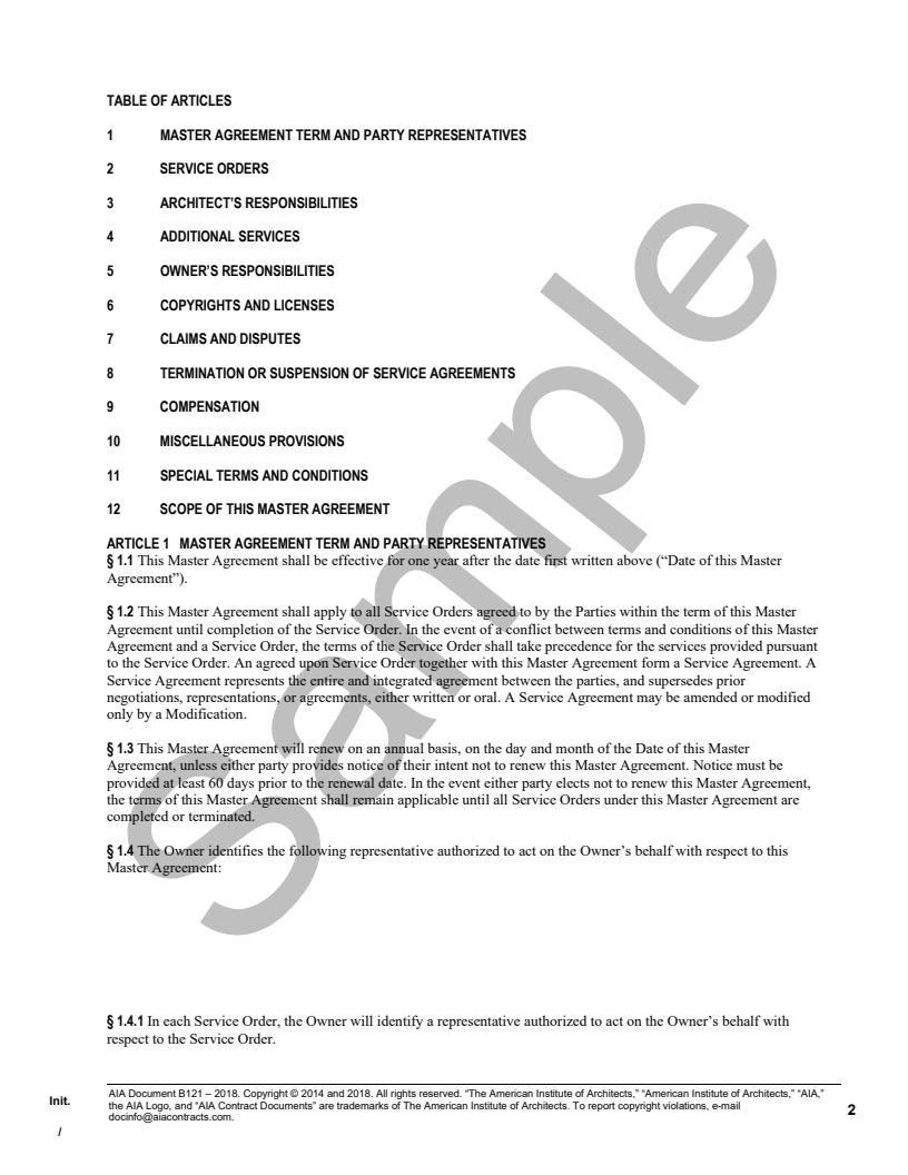 B1212018 Owner/Architect Master Agreement