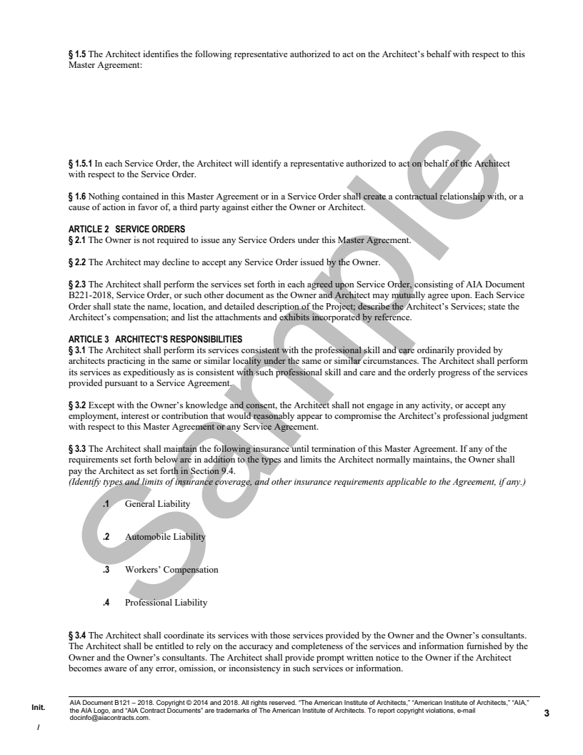 B1212018 Owner/Architect Master Agreement