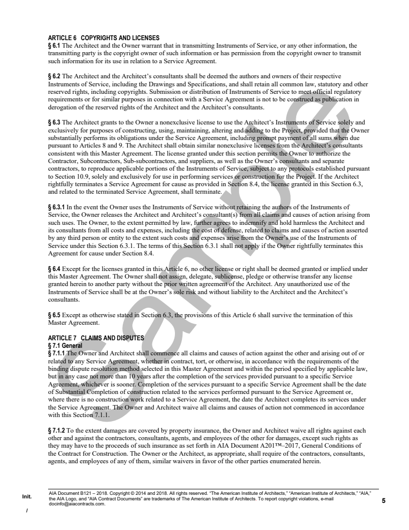 B1212018 Owner/Architect Master Agreement