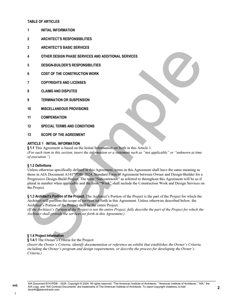 B141PDB-2024 Standard Form of Agreement Between Design-Builder and ...