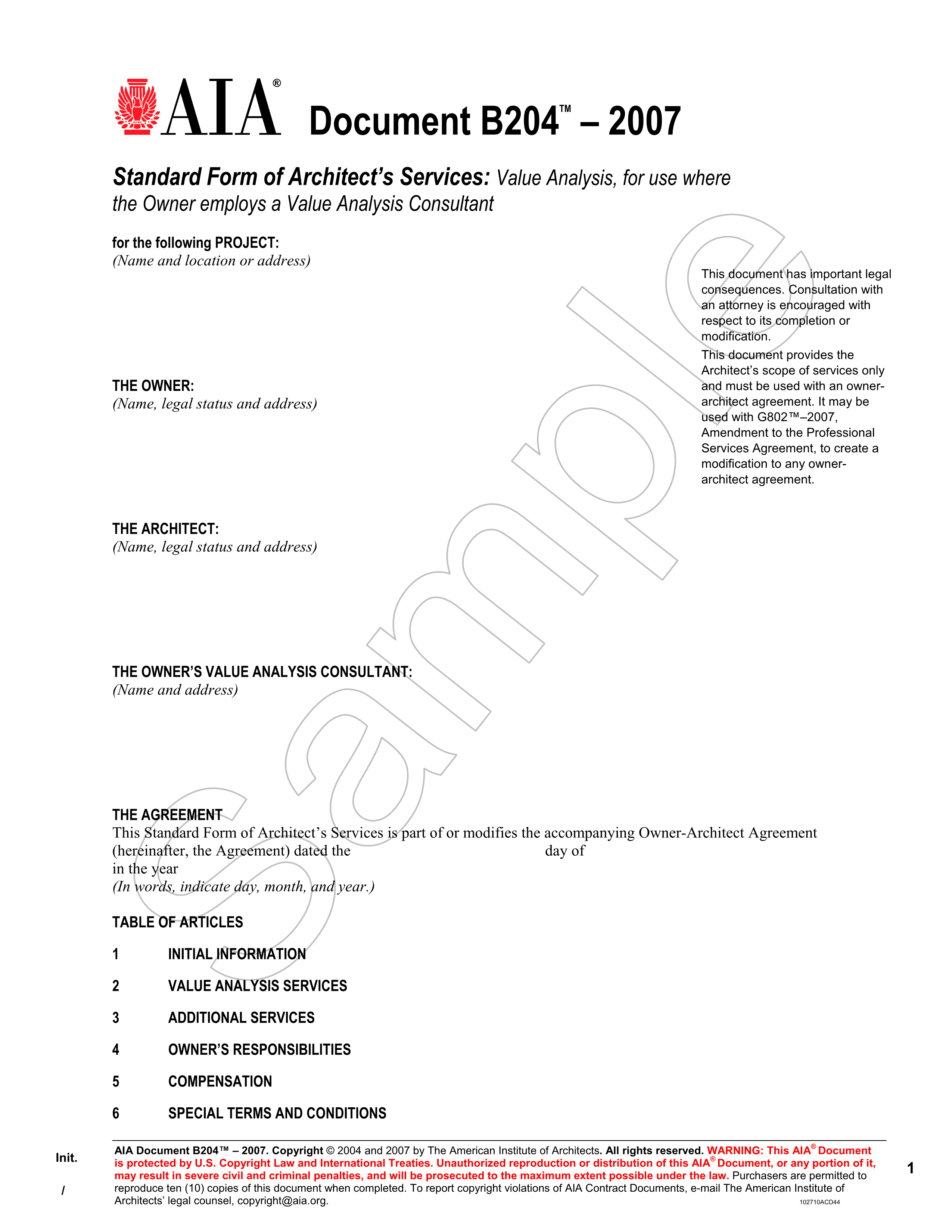 B204- 2007 Architect's Services - Value Analysis