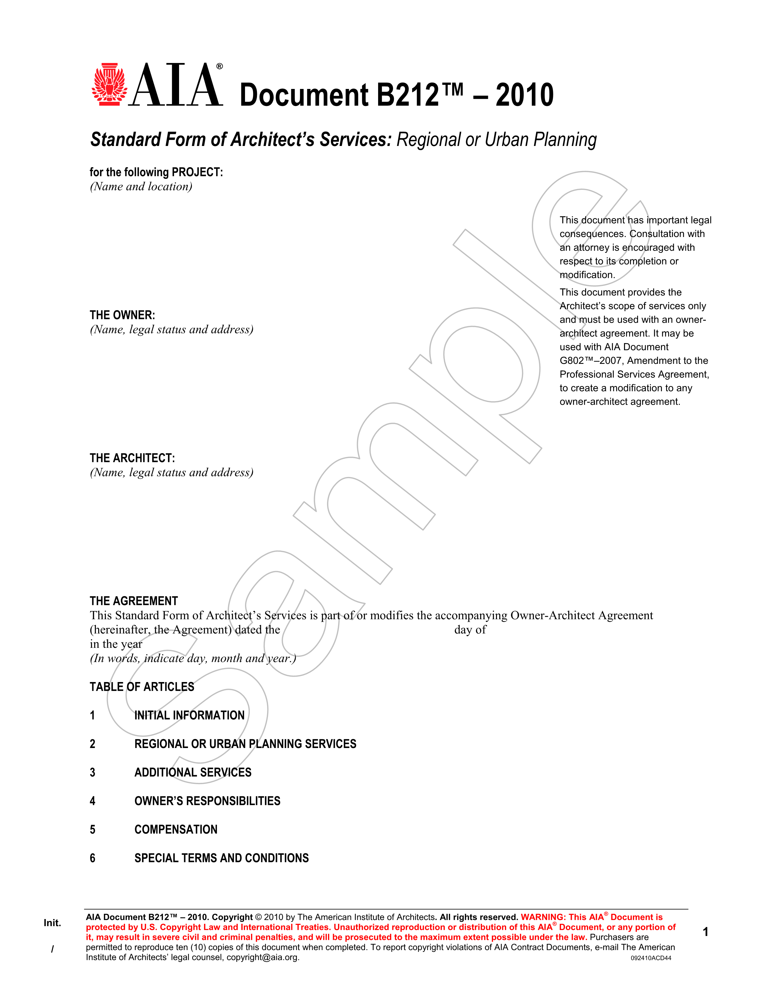 B212-2010 Architect’s Services-Regional Or Urban Planning