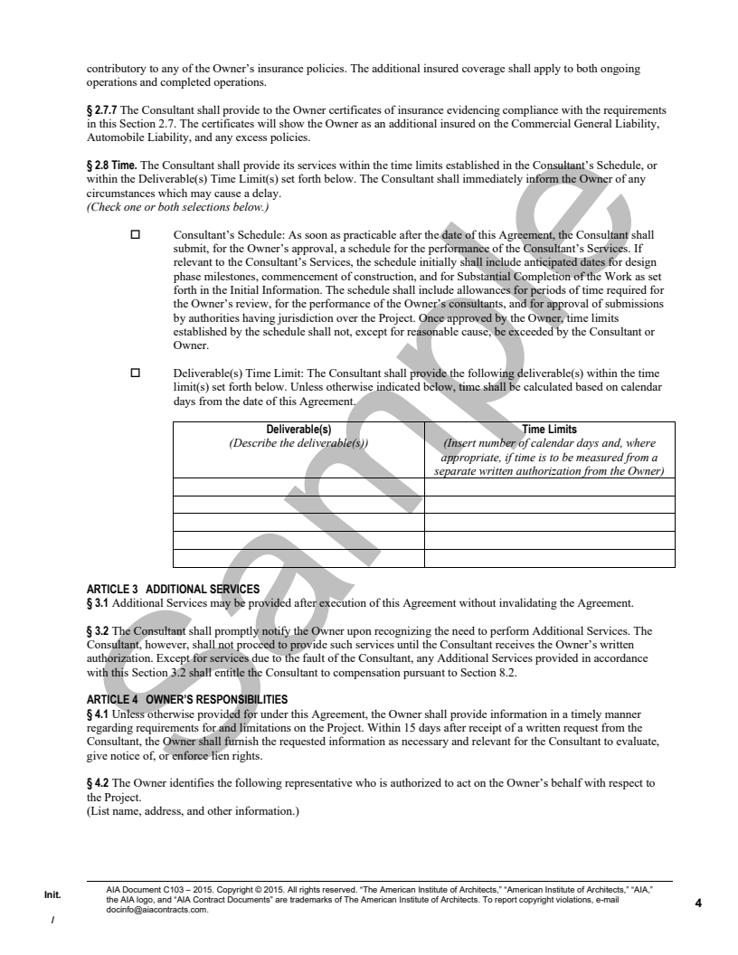 C103-2015 Standard Form of Agreement Between Owner and Consultant ...