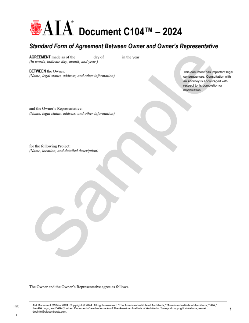 C104–2024, Standard Form Of Agreement Between Owner And Owner’s ...