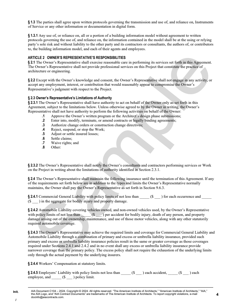 C104–2024, Standard Form of Agreement Between Owner and Owner’s ...