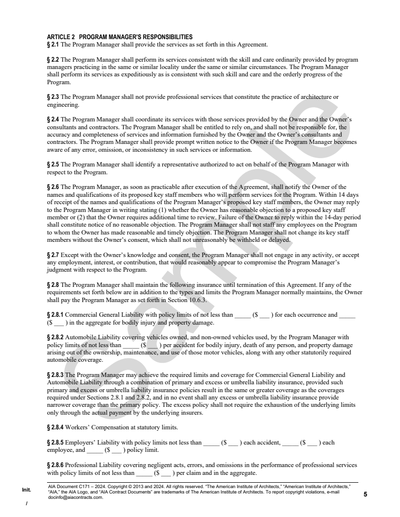 C171–2024, Standard Form of Agreement Between Owner and Program Manager