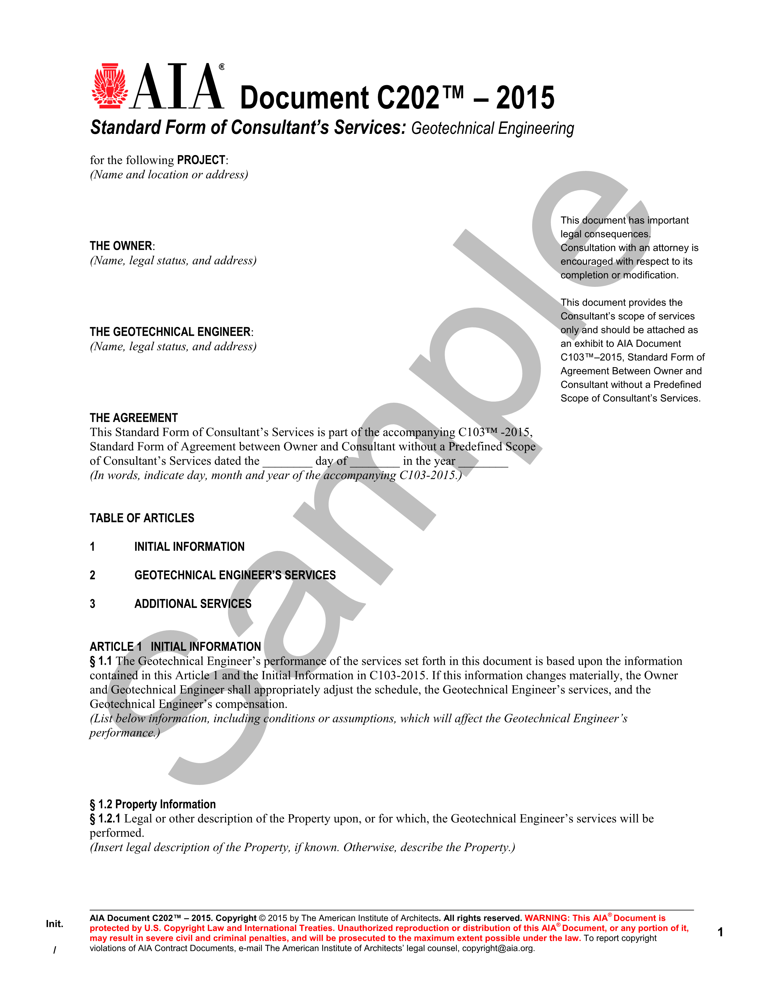 C202-2015 Standard Form of Consultant’s Services: Geotechnical Engineering