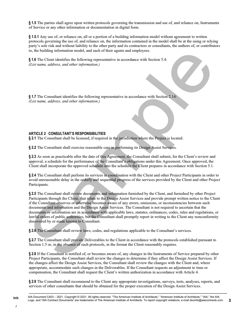 C403™–2021 Client and Consultant Agreement for Design Assist Services