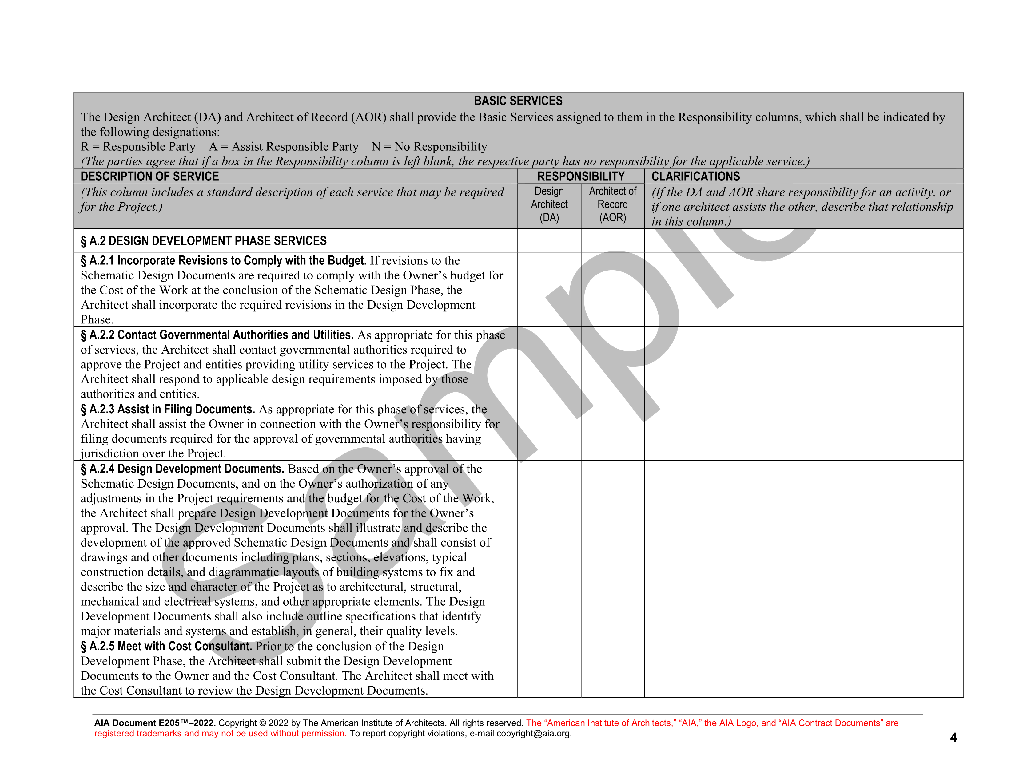 E2052022 Architects’ Scope and Responsibility Matrix