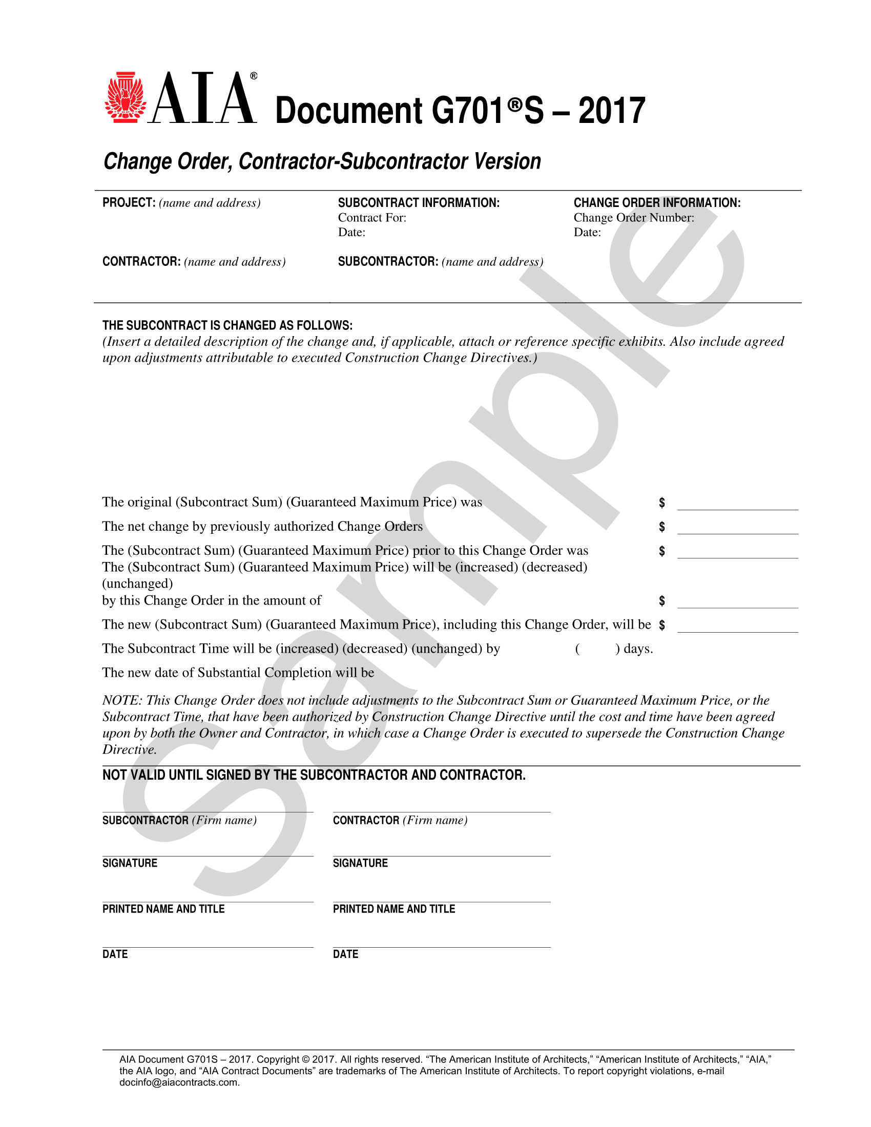 G701S2017 Change Order, ContractorSubcontractor Version