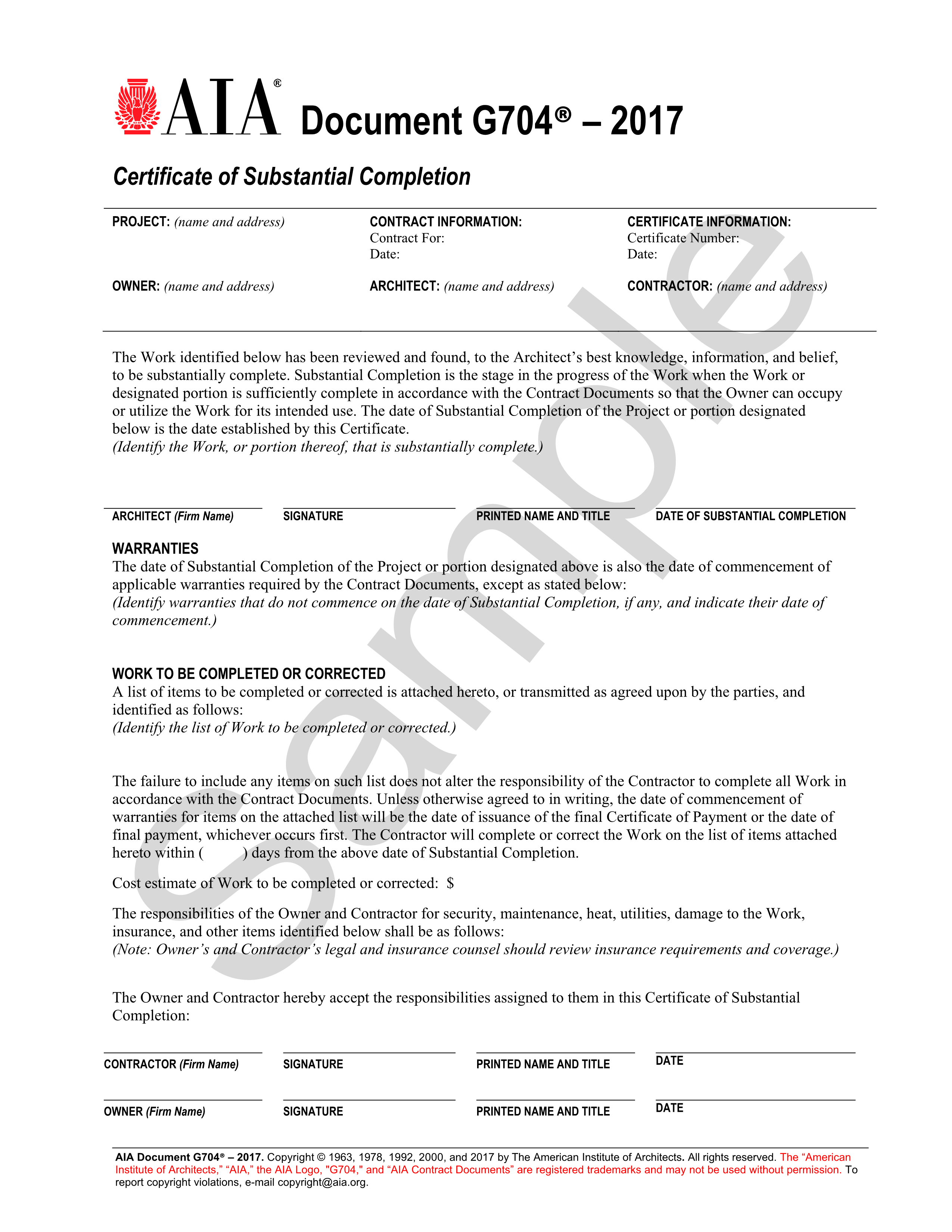 G704 2017 Certificate of Substantial Completion