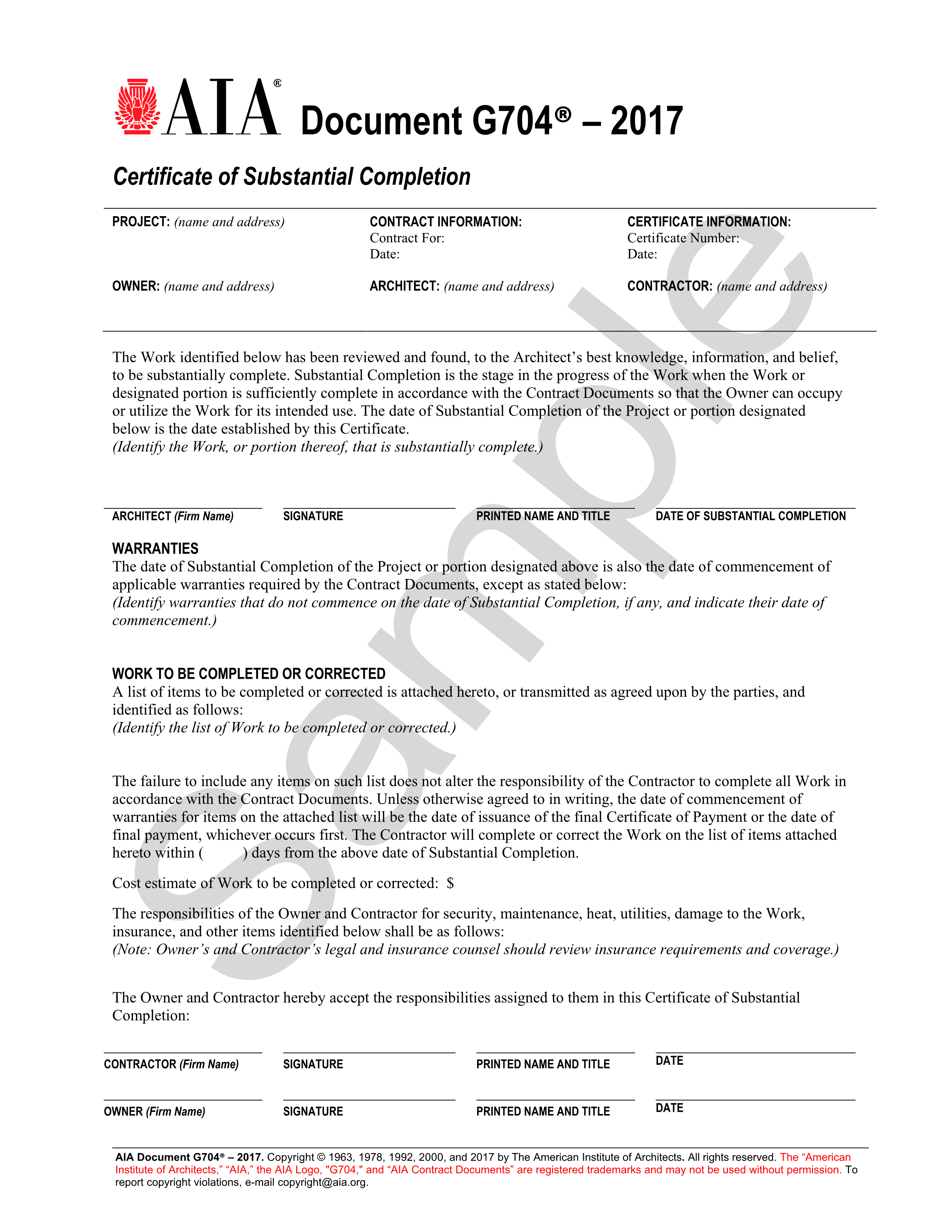 G704-2017 Certificate of Substantial Completion