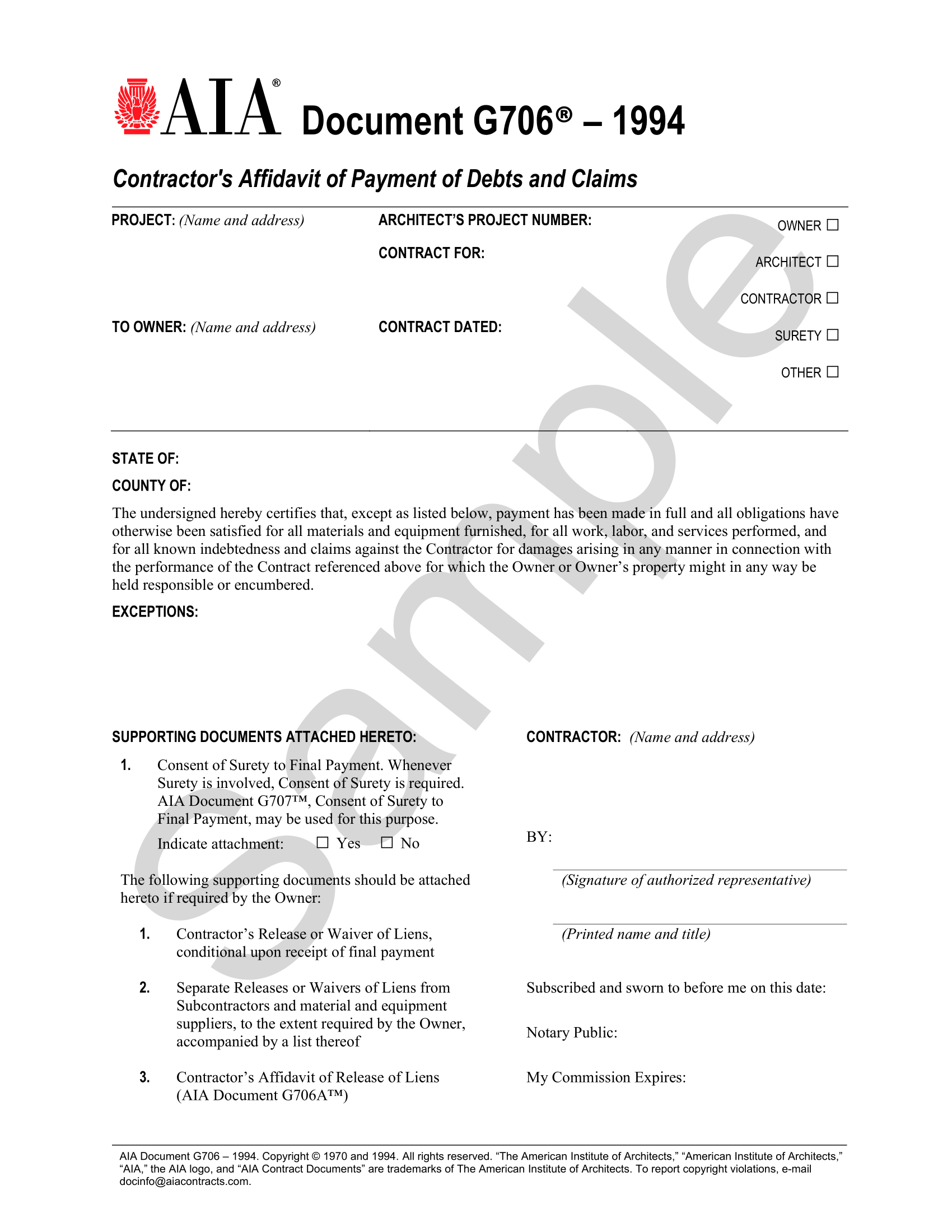 G706-1994 Contractor’s Affidavit of Payment