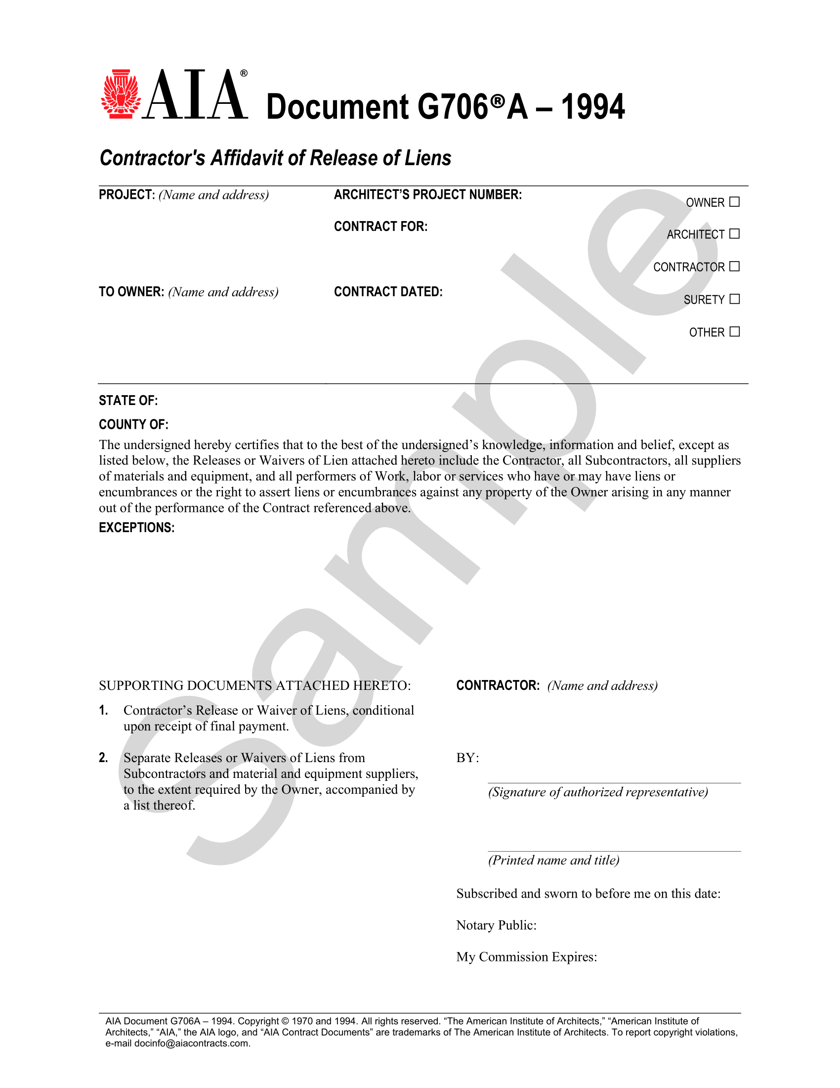 G706A-1994 Contractor’s Affidavit of Release of Liens