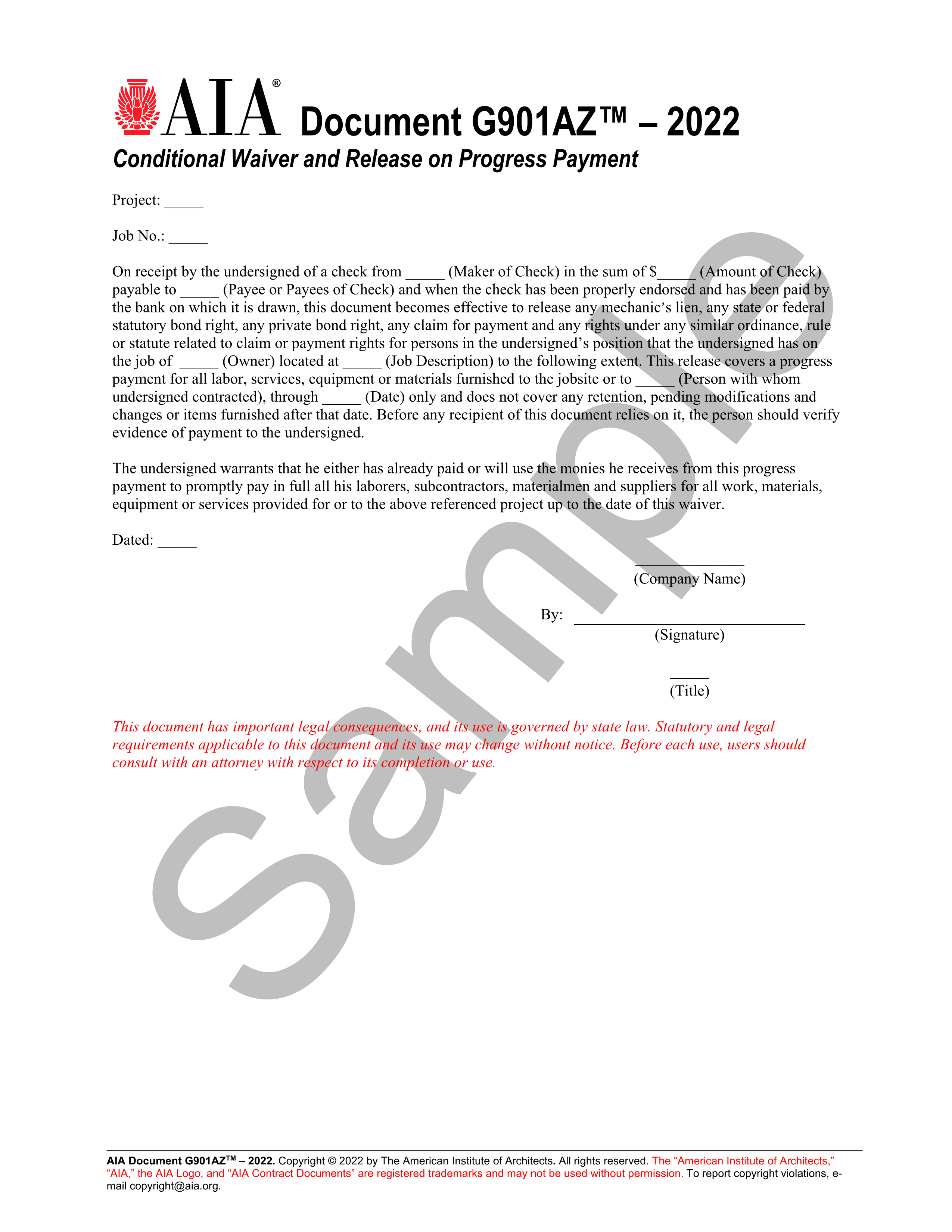 G901az 2022 arizona conditional waiver and release on progress payment