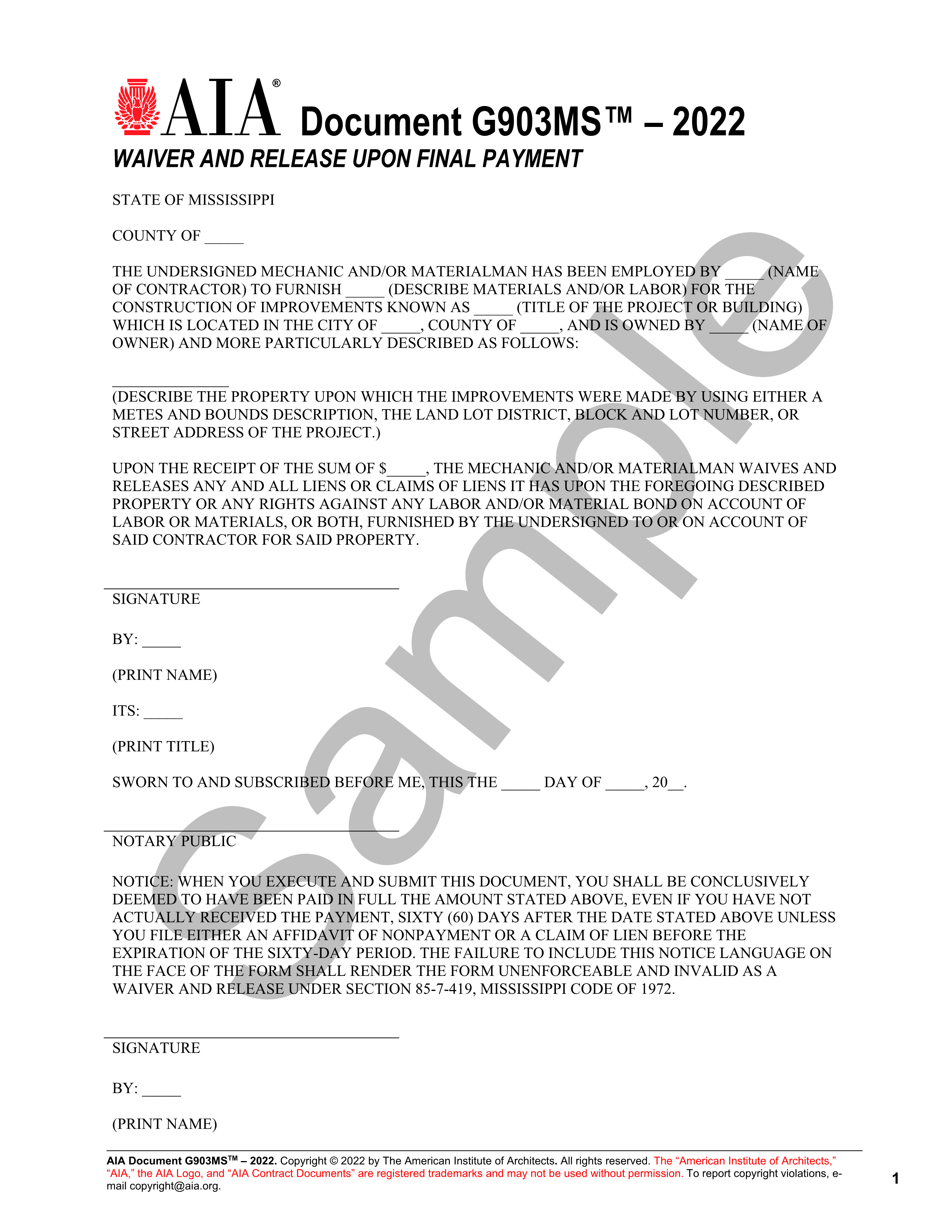 G903ms 2022 Mississippi Waiver And Release Upon Final Payment 5283